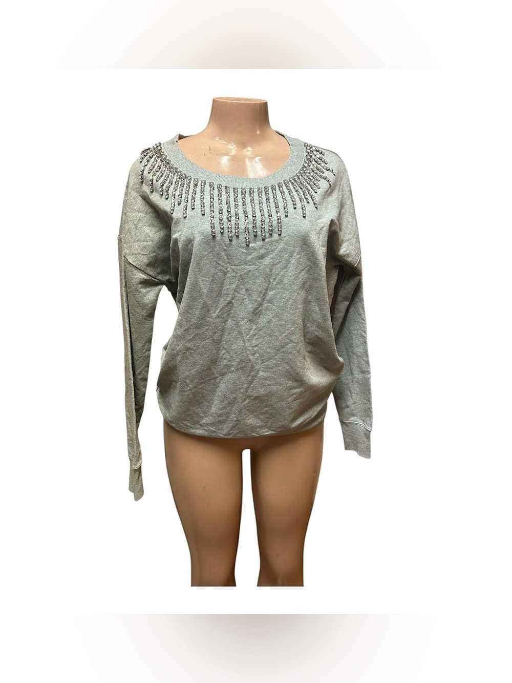 Boston Proper Light Gray Beaded Scoop Neck Sweatshirt
